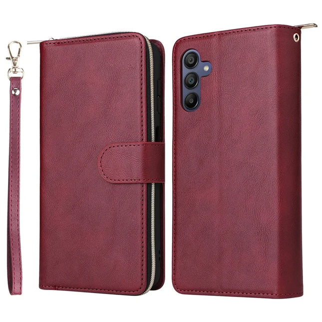 For Samsung Galaxy A26 5G Case Zipper Pocket PU Leather Phone Cover with Hand Strap - Wine Red