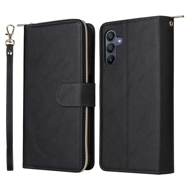 For Samsung Galaxy A26 5G Case Zipper Pocket PU Leather Phone Cover with Hand Strap - Black