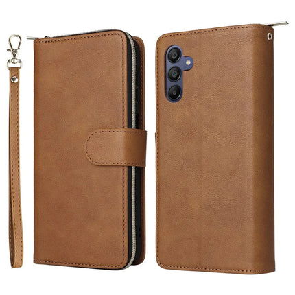 For Samsung Galaxy A26 5G Case Zipper Pocket PU Leather Phone Cover with Hand Strap - Brown