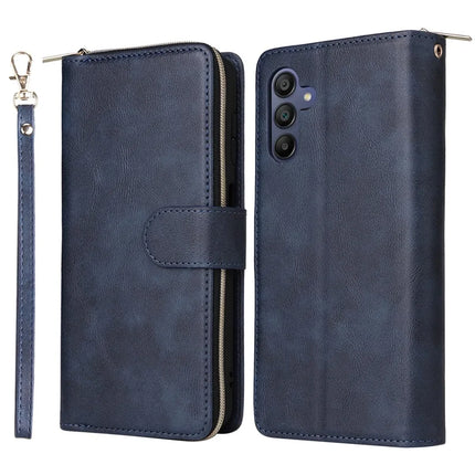 For Samsung Galaxy A26 5G Case Zipper Pocket PU Leather Phone Cover with Hand Strap - Blue