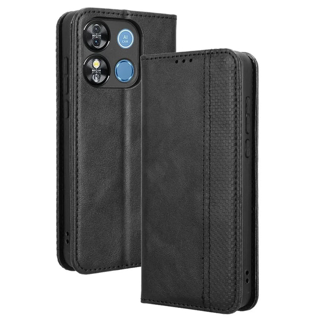 For Oukitel C57 Pro / C57s Leather Case Wallet Stand Retro Texture Phone Cover - Black