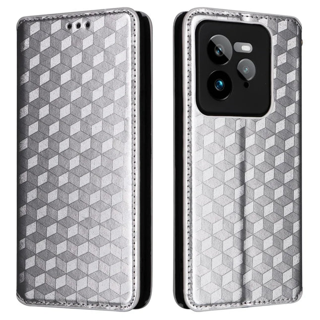 For Realme GT 7 Pro 5G Wallet Case Rhombus Imprinted Leather Phone Cover - Silver