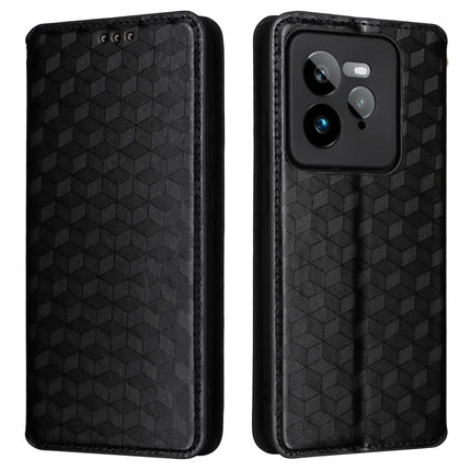 For Realme GT 7 Pro 5G Wallet Case Rhombus Imprinted Leather Phone Cover - Black