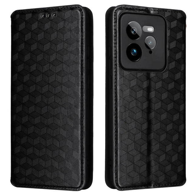For Realme GT 7 Pro 5G Wallet Case Rhombus Imprinted Leather Phone Cover - Black