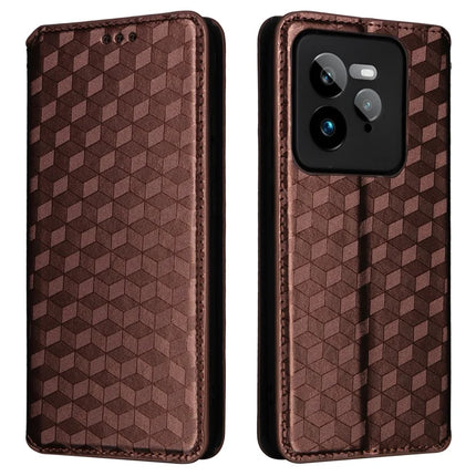For Realme GT 7 Pro 5G Wallet Case Rhombus Imprinted Leather Phone Cover - Brown