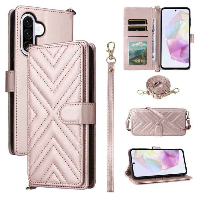 For Samsung Galaxy A26 5G Wallet Case with Shoulder Strap Leather Phone Cover - Pink