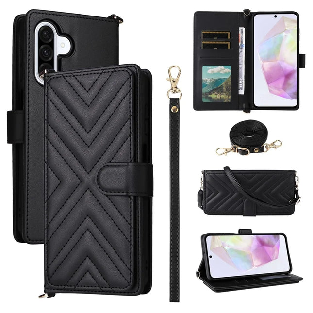 For Samsung Galaxy A26 5G Wallet Case with Shoulder Strap Leather Phone Cover - Black
