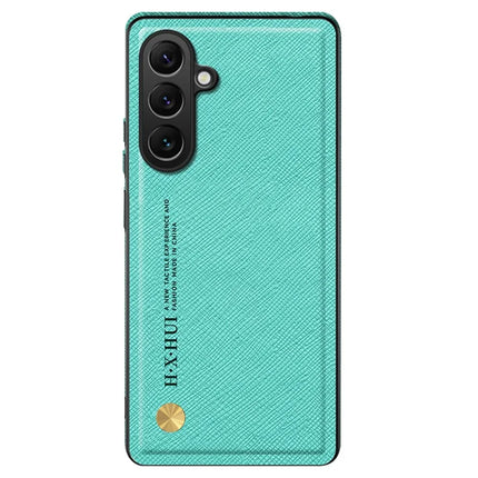 For Samsung Galaxy A56 5G Case Cross Texture Leather + TPU Phone Cover Support Magnetic Car Holder - Cyan