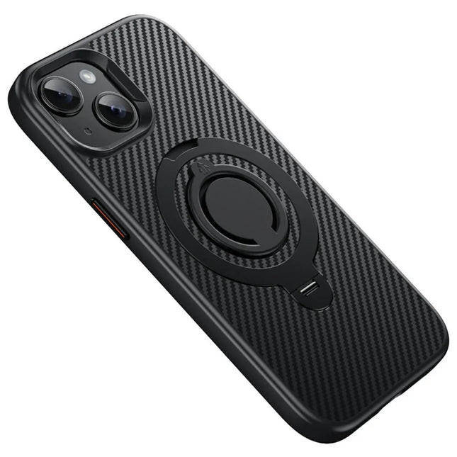 For iPhone 13 Case Compatible with MagSafe Kickstand Carbon Fiber Texture PC + TPU Back Cover with Silicone Ring - Black