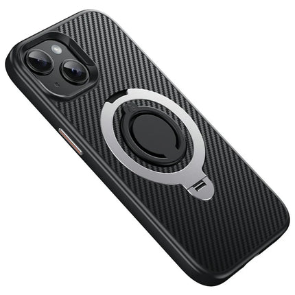 For iPhone 13 Case Compatible with MagSafe Kickstand Carbon Fiber Texture PC + TPU Back Cover with Silicone Ring - Silver