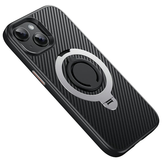 For iPhone 13 Case Compatible with MagSafe Kickstand Carbon Fiber Texture PC + TPU Back Cover with Silicone Ring - Silver
