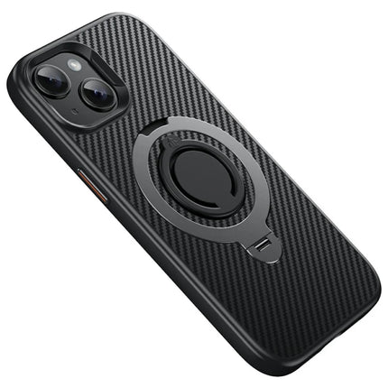 For iPhone 13 Case Compatible with MagSafe Kickstand Carbon Fiber Texture PC + TPU Back Cover with Silicone Ring - Grey