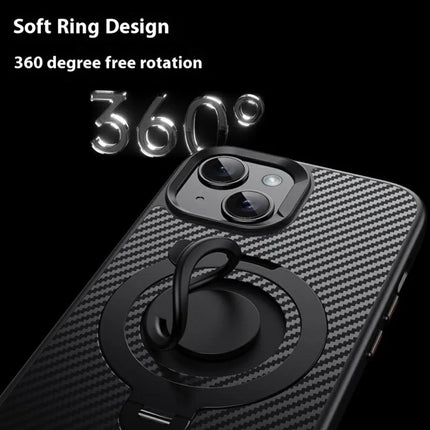 For iPhone 13 Case Compatible with MagSafe Kickstand Carbon Fiber Texture PC + TPU Back Cover with Silicone Ring