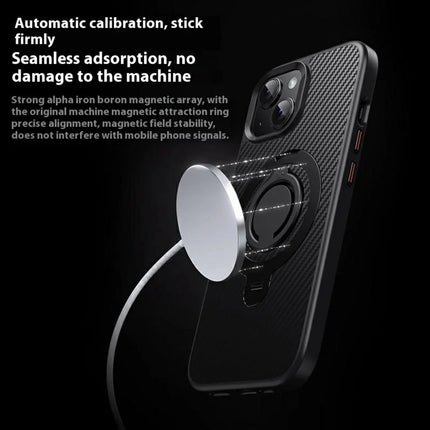 For iPhone 13 Case Compatible with MagSafe Kickstand Carbon Fiber Texture PC + TPU Back Cover with Silicone Ring