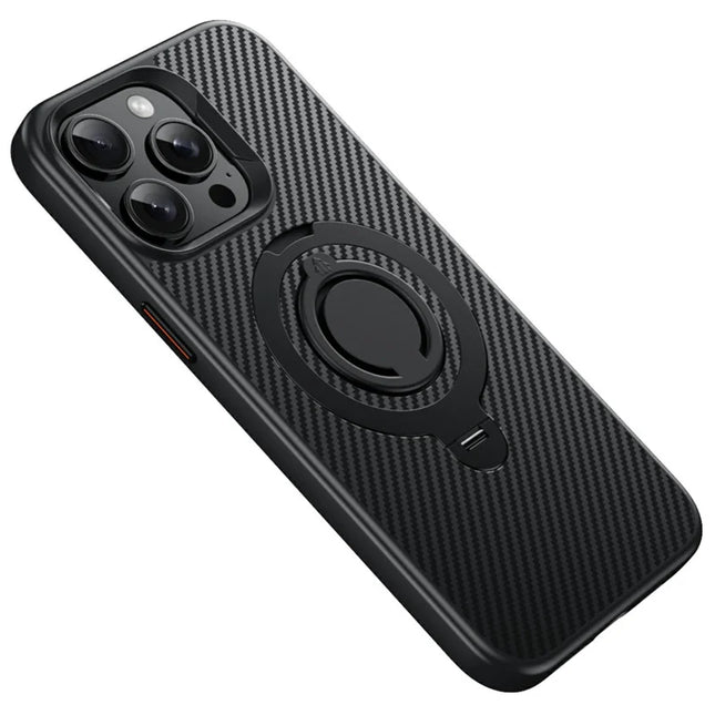 For iPhone 13 Pro Max Case Compatible with MagSafe Kickstand Carbon Fiber Texture PC + TPU Back Cover with Silicone Ring - Black