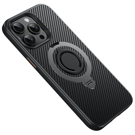 For iPhone 13 Pro Max Case Compatible with MagSafe Kickstand Carbon Fiber Texture PC + TPU Back Cover with Silicone Ring - Grey