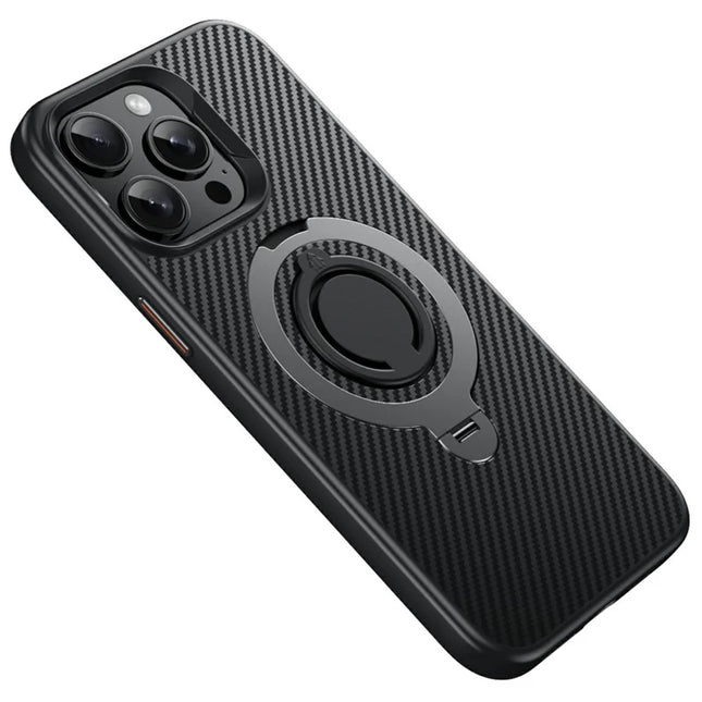 For iPhone 13 Pro Max Case Compatible with MagSafe Kickstand Carbon Fiber Texture PC + TPU Back Cover with Silicone Ring - Grey