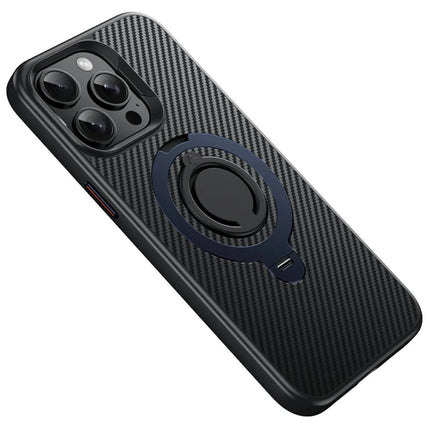 For iPhone 13 Pro Max Case Compatible with MagSafe Kickstand Carbon Fiber Texture PC + TPU Back Cover with Silicone Ring - Blue