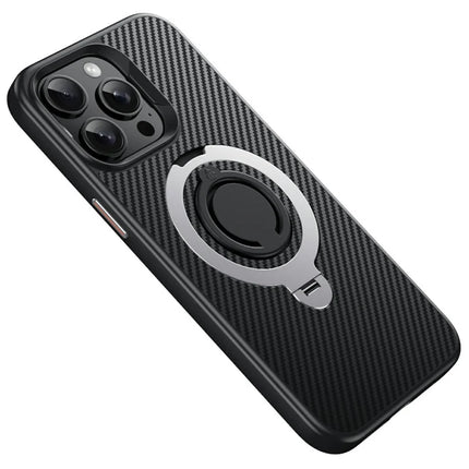 For iPhone 13 Pro Max Case Compatible with MagSafe Kickstand Carbon Fiber Texture PC + TPU Back Cover with Silicone Ring - Silver