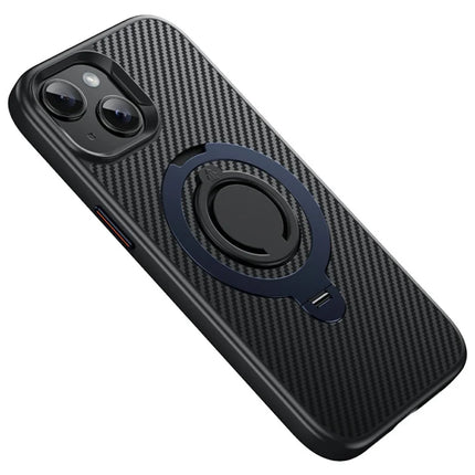 For iPhone 14 Case Compatible with MagSafe Kickstand Carbon Fiber Texture PC + TPU Back Cover with Silicone Ring - Blue