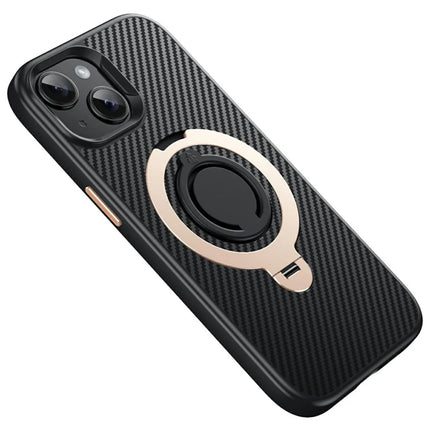 For iPhone 14 Case Compatible with MagSafe Kickstand Carbon Fiber Texture PC + TPU Back Cover with Silicone Ring - Gold