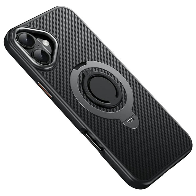 For iPhone 16 MagSafe Case 360 Degree Rotating Stand Carbon Fiber Pattern Silicone Ring Protective Cover - Grey