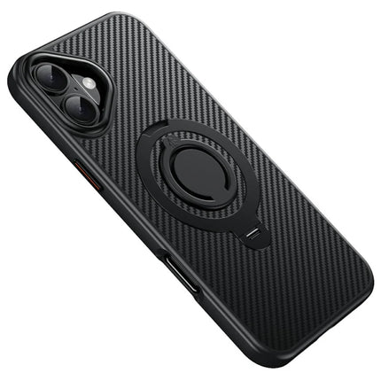 For iPhone 16 Plus Case Compatible with MagSafe Kickstand Carbon Fiber Texture PC + TPU Back Cover with Silicone Ring - Black
