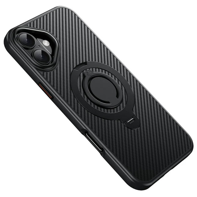 For iPhone 16 Plus Case Compatible with MagSafe Kickstand Carbon Fiber Texture PC + TPU Back Cover with Silicone Ring - Black