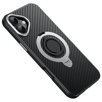 For iPhone 16 Plus Case Compatible with MagSafe Kickstand Carbon Fiber Texture PC + TPU Back Cover with Silicone Ring - Silver