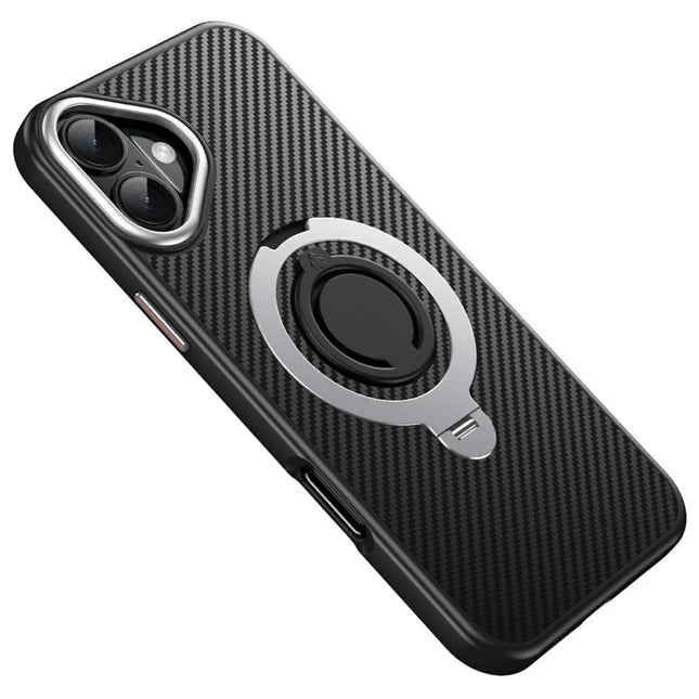 For iPhone 16 Plus Case Compatible with MagSafe Kickstand Carbon Fiber Texture PC + TPU Back Cover with Silicone Ring - Silver