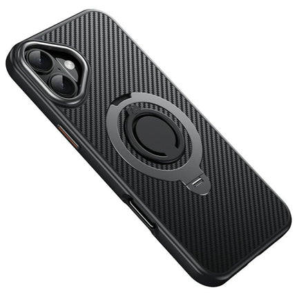 For iPhone 16 Plus Case Compatible with MagSafe Kickstand Carbon Fiber Texture PC + TPU Back Cover with Silicone Ring - Grey