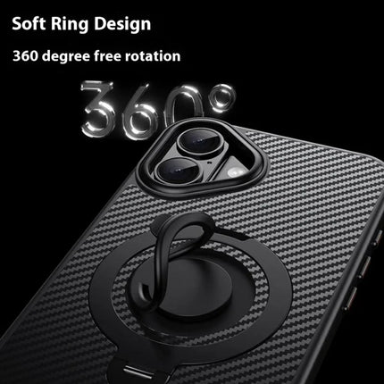 For iPhone 16 Plus Case Compatible with MagSafe Kickstand Carbon Fiber Texture PC + TPU Back Cover with Silicone Ring