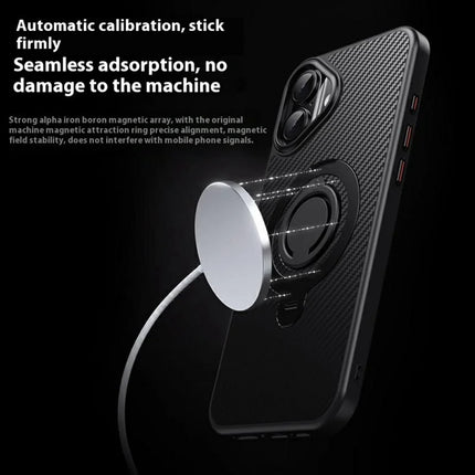 For iPhone 16 Plus Case Compatible with MagSafe Kickstand Carbon Fiber Texture PC + TPU Back Cover with Silicone Ring