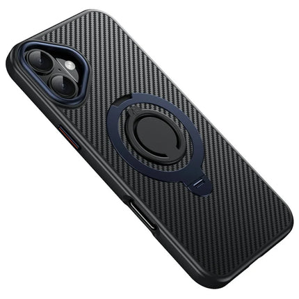For iPhone 16 Plus Case Compatible with MagSafe Kickstand Carbon Fiber Texture PC + TPU Back Cover with Silicone Ring - Blue