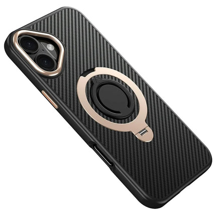 For iPhone 16 Plus Case Compatible with MagSafe Kickstand Carbon Fiber Texture PC + TPU Back Cover with Silicone Ring - Gold