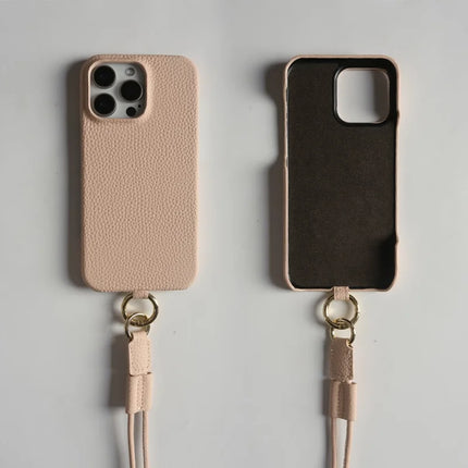 For iPhone 13 Pro Max Case With Lanyard Genuine Cow Leather PC Phone Back Cover