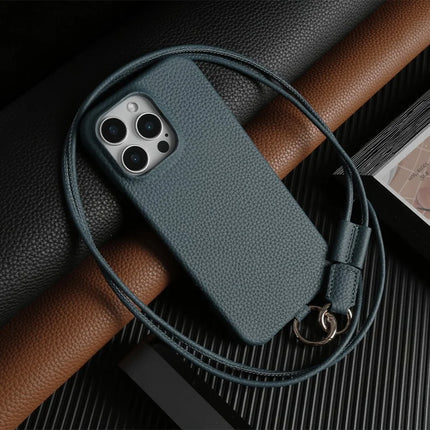 For iPhone 13 Pro Max Case With Lanyard Genuine Cow Leather PC Phone Back Cover - Blue