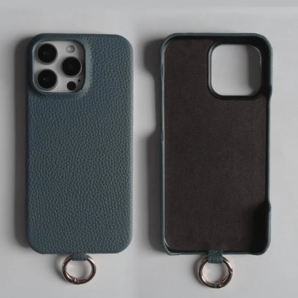 For iPhone 13 Pro Max Case With Lanyard Genuine Cow Leather PC Phone Back Cover