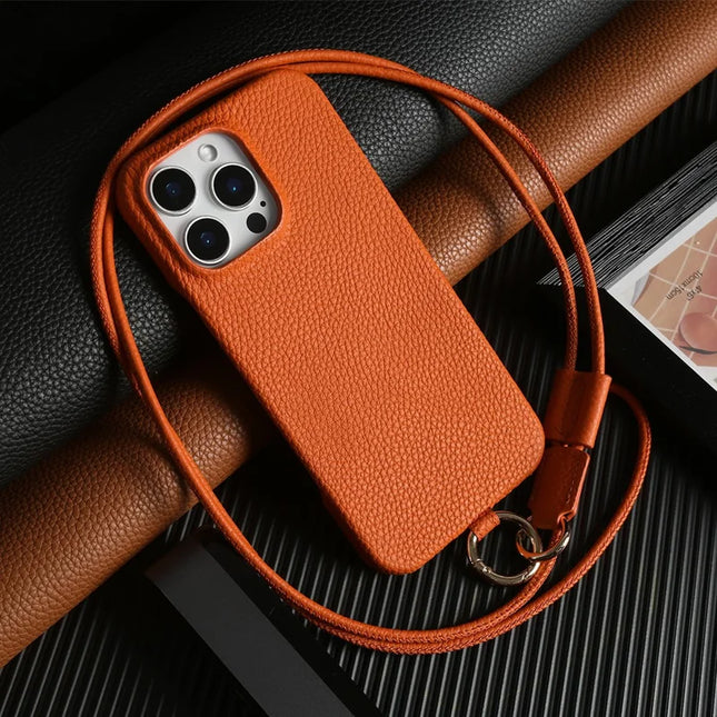 For iPhone 16 Pro Max Case With Lanyard Genuine Cow Leather PC Phone Back Cover - Orange