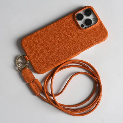 For iPhone 16 Pro Max Case With Lanyard Genuine Cow Leather PC Phone Back Cover