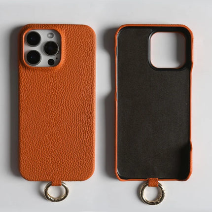 For iPhone 16 Pro Max Case With Lanyard Genuine Cow Leather PC Phone Back Cover