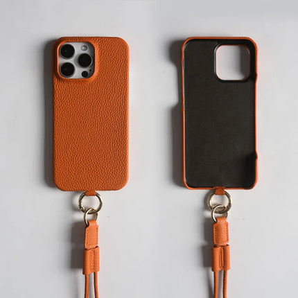 For iPhone 16 Pro Max Case With Lanyard Genuine Cow Leather PC Phone Back Cover