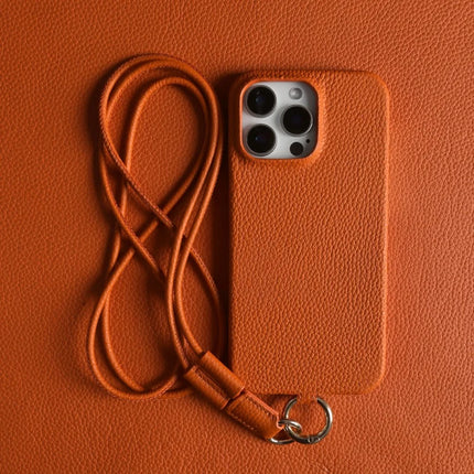 For iPhone 16 Pro Max Case With Lanyard Genuine Cow Leather PC Phone Back Cover