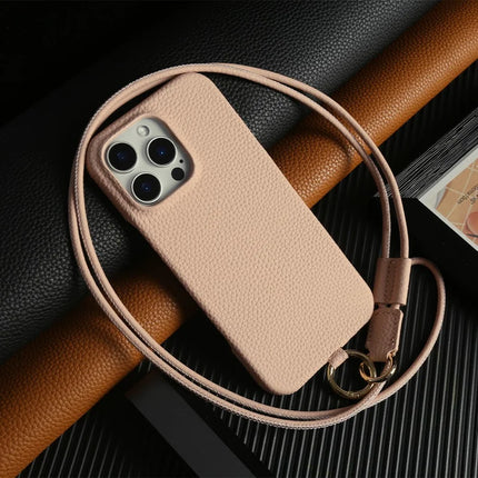 For iPhone 16 Pro Max Case With Lanyard Genuine Cow Leather PC Phone Back Cover - Pink