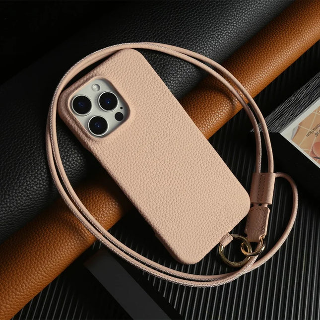 For iPhone 16 Pro Max Case With Lanyard Genuine Cow Leather PC Phone Back Cover - Pink