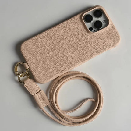For iPhone 16 Pro Max Case With Lanyard Genuine Cow Leather PC Phone Back Cover