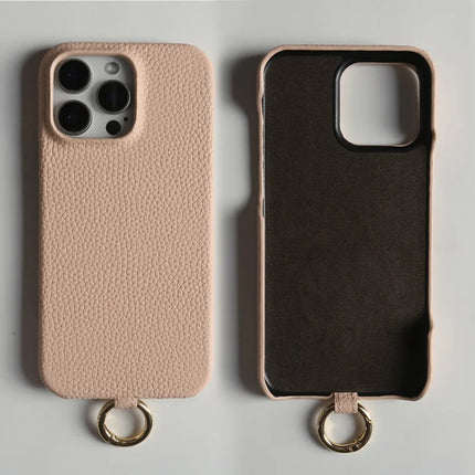 For iPhone 16 Pro Max Case With Lanyard Genuine Cow Leather PC Phone Back Cover