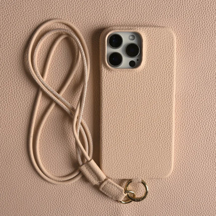 For iPhone 16 Pro Max Case With Lanyard Genuine Cow Leather PC Phone Back Cover