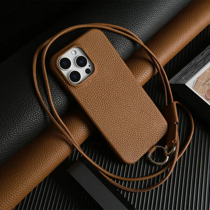 For iPhone 16 Pro Max Case With Lanyard Genuine Cow Leather PC Phone Back Cover - Brown