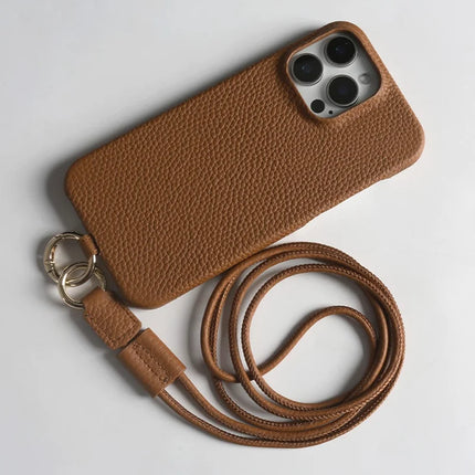 For iPhone 16 Pro Max Case With Lanyard Genuine Cow Leather PC Phone Back Cover
